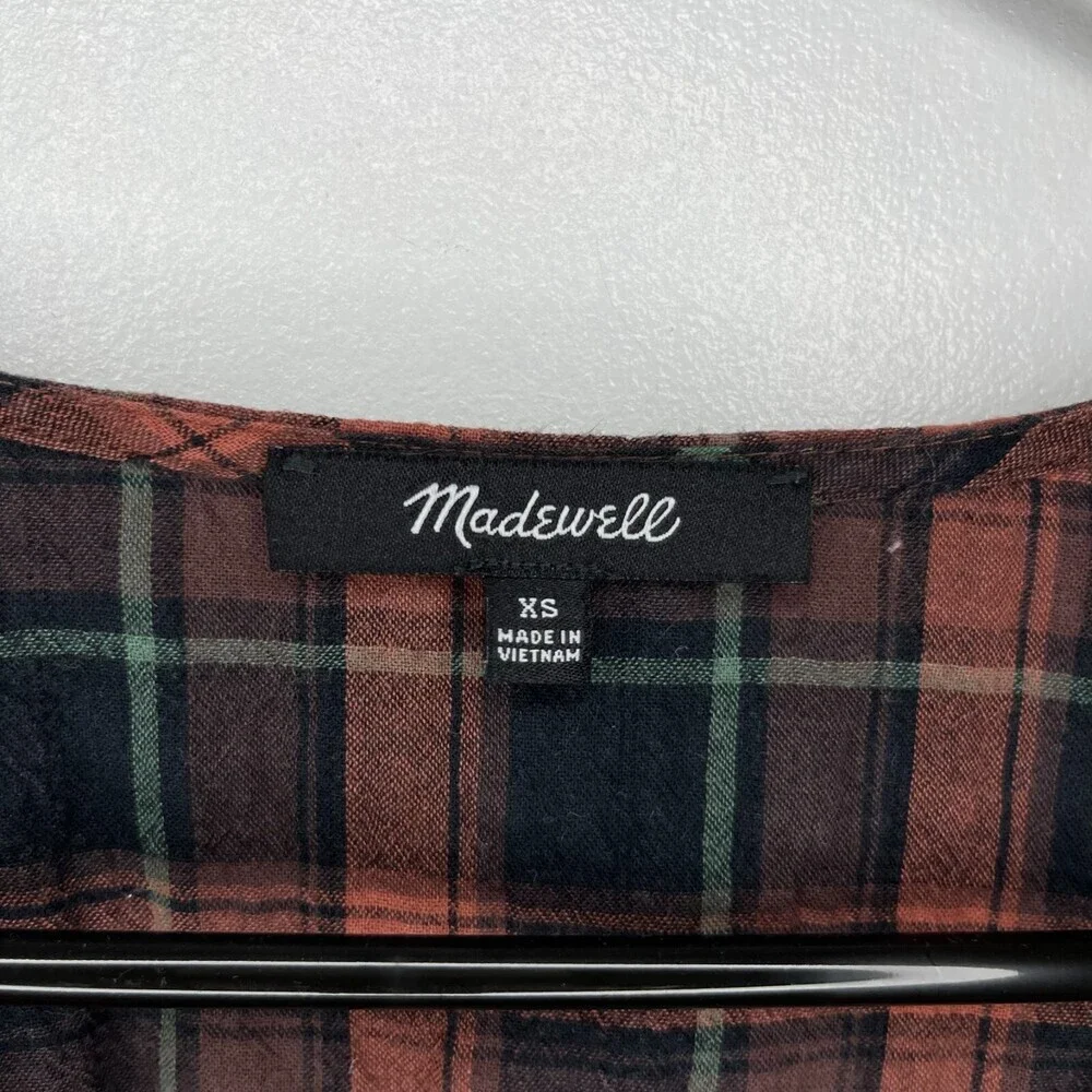 Madewell Womens Shirt XS Pink Plaid Cotton Short Puff Sleeve Gathered V-Neck